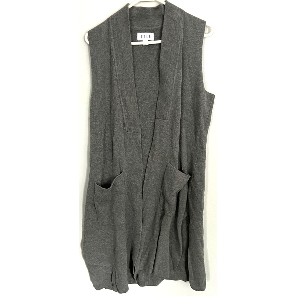 ELLE Vest Womens L Gray Longline Open Front Cardigan Sleeveless Pockets